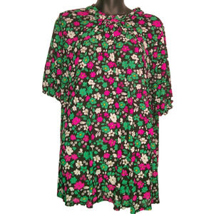 Luna Women's 2X Black Floral Sheer Pink, Green, White Short Sleeve Top